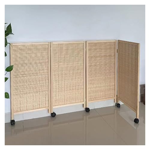 3/4/5/6/7/8パネルショートルームディバイダー、ポータブル折りたたみ式パーティション、織り遮光木製プライバシースクリーン、可動式ユニバーサルホイール付き(120x40cm-4 panels)