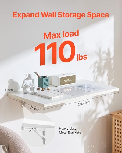 Image of VEVOR Wall Mounted Folding Table, 35.4 x 19.7 inches Wall Mount Table, Floating Desk with Iron Bracket for Small Spaces, Home Office, Dining, Laundry Room, Kitchen, Bar, White
