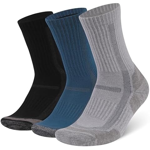 RTZAT 3 Pairs Merino Wool Hiking Mid Calf Socks for Men & Women - Moisture Wicking, Thermal, Cushioned Boot Socks for Winter Hikes & Outdoor Adventures, Large, Blue Black Grey Cover