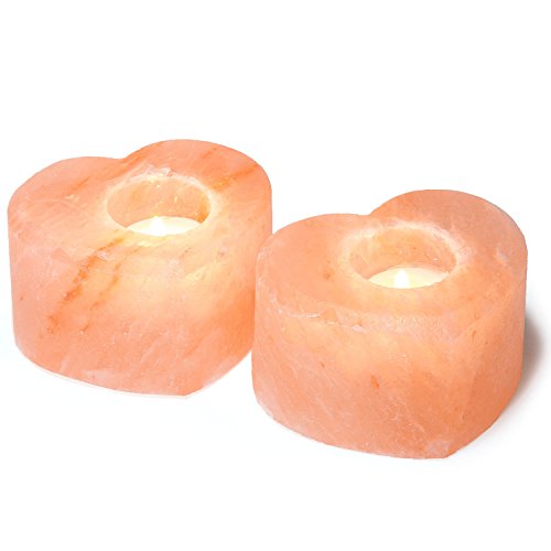 Crystal Allies Pack of 2 Heart Pink Himalayan Salt Tea Light Candle Holders with Authentic Info Card