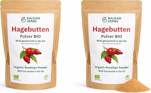 BIO Hagebuttenpulver 1000g., Wildsammlung aus EU, fein gemahlene (400 Mikron) Schalen & Samen (Rosa canina), Naturrein & ohne Zusätze, Ideal für Smoothies, Backwaren - Kuchen, Brot, von Balkan Herbs