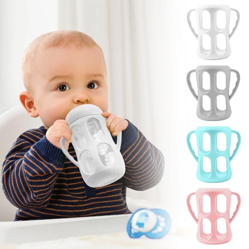 Image of 4 Pack Silicone Sleeves with Handles for Philips Avent Natural Baby Bottle 9 oz/8 oz, Avent Glass Bottles Sleeve Easy grip, Anti Breakage Baby Bottle Holder, Compatible with Philips Avent Glass Bottle