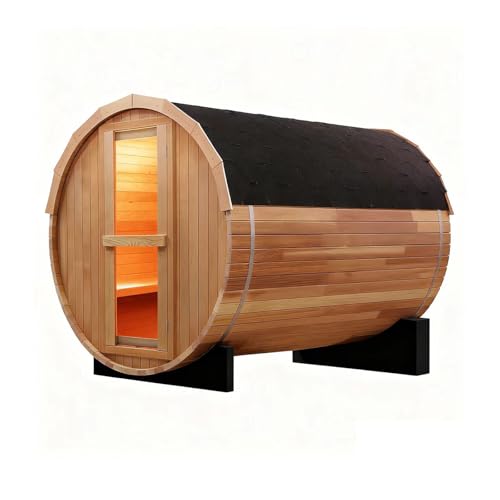 TaTalife Outdoor Barrel Steam Sauna, 6-8Person Canadian Red ceda Wood Sauna Room, 6KW TOULE Electric Heater with Sauna Stone, Accessories and Asphalt Shingle Roof