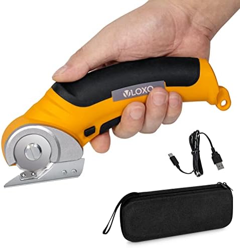 VLOXO Cordless Electric Scissors, Rotary Cutter for Fabric with Safety Lock, 4.2V Cardboard Cutter Multi-Cutting Tools, Powerful Fabric Cutter for Carpet Leather Felt with Storage Box - Yellow