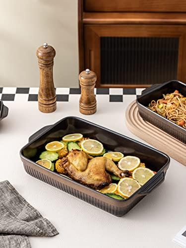 Kanwone Ceramic Baking Dishes, Rectangular Lasagna Pans, Casserole Dishes, Bakeware Set for Cooking, Kitchen, Cake Dinner, 9 x 13 Inches, Stripe Series - Reactive Glazed (Matte Black) - Thumbnail 3