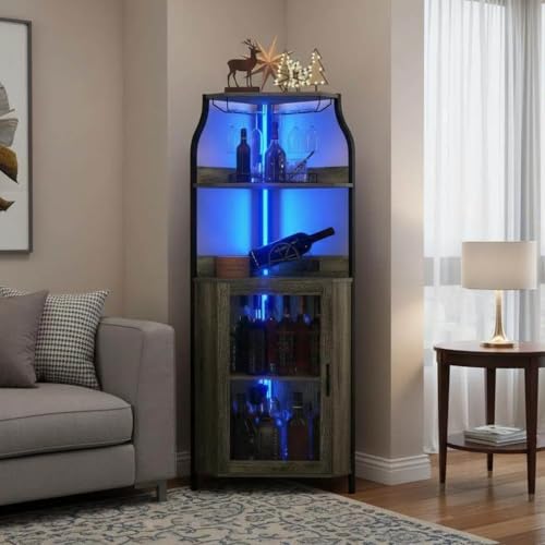 Image of Curved Corner Bar Cabinet with Barn Door, 5-Tier Brown Wine Cabinet for Home Bar, MDF & Metal Farmhouse Corner Wine Rack with Glass Holder, Rustic Storage for Dining Room or Living Room（Black）