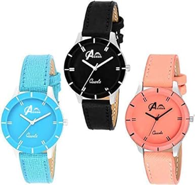 Acnos Analogue Womens Watch (Pack of 3) (Multicolored Dial Multicolored Colored Strap) (605-black-org-skyblue)