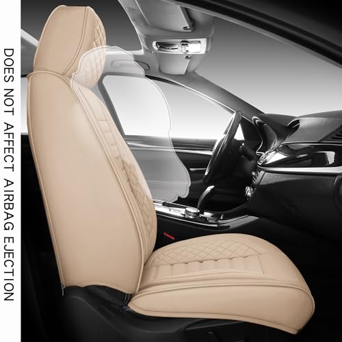 BABYBLU Full Coverage Car Seat Covers Universal Fit for Cars SUVs Pick-up Trucks with Waterproof Leatherette in Auto Interior Accessories (Front Pair, Beige) - Thumbnail 2