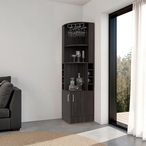 DEPOT E-SHOP 26" Cairo Corner Bar Cabinet with Double Door Cabinet, Glass Rack, Eight Built-in Wine Rack, Dark Walnut, Living Room – Home Bar Wine & Liquor Storage Cabinet