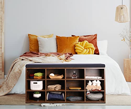 MU Shoe Cabinet Storage Bench with Cushion, Easy Installation Entryway Shoes Organizer with Storage Drawer for Entrance, Living Room, Bedroom or Dressing Room, Rustic Brown