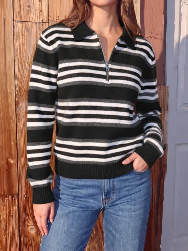 Fisoew Womens Quarter Zip Striped Sweater Collared Long Sleeve Pullover Top - image 2