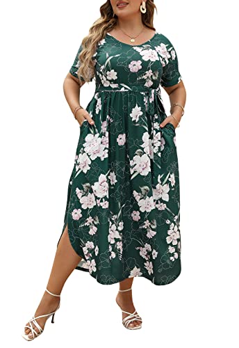 Image of Nemidor Womens Casual Plus Size Tie Waist Slit Long Maxi Dress with Pockets NEM313