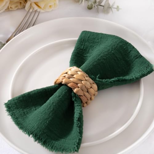 Image of MLMC 10 Pack Emerald Green Cloth Napkins with Fringe Boho Linen Napkins Washable Reusable Rustic Dinner Table Decor 17 inchx17 inch for Wedding Party Bridal Shower Reception Decor