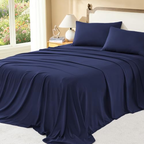 Image of Litanika California King Size Comforter Set with Sheets Navy Blue - 7 Pieces Bed in a Bag Cal King Chevron Tufted Complete Bedding Sets with Comforter, Sheets, Pillowcases & Shams