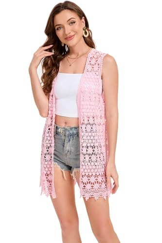 Image of GLEAMISS Women's Crochet Floral Vest Lace Trim Boho Sleeveless Cardigan