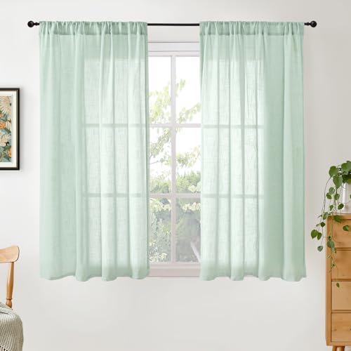Image of BGment Sage Green Linen Curtains 54 Inch Length for Short Window - Rod Pocket Drapes Light Filtering Sheer Textured for Bedroom Decorative Lightweight Natural Rustic, 2 Panels Set, 42 X 54 Inch
