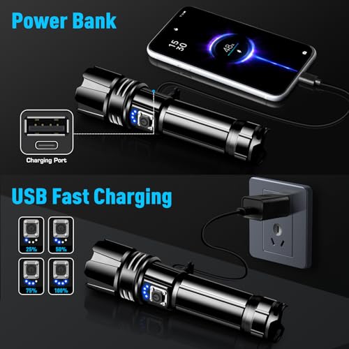 Image of Torches LED Super Bright, 900000 High Lumens Rechargeable Torch, Powerful Torch XHP70.2 with 6 Modes & Zoomable & IPX7 Waterproof, for Camping, Hiking, Emergencies(2 Pack)