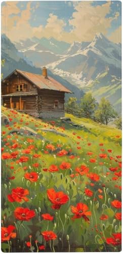 フェイスタオル 薄手 ケシの茂みに囲まれた山小屋 タオル 吸水 速乾 ふわふわ 柔らか肌触り のどかな田園風景 イラストアート フェイシャルタオル 洗顔タオル 大判 家庭用、ホテル、業務用、スポーツなどにも最適 四季通用 73x35cm