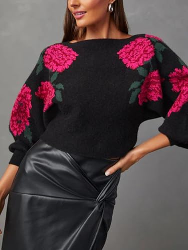 Women’s Cropped Floral Sweater Oversized Long Sleeve Knit Pullover Boho Loose Fit Knitted Jumper Top4