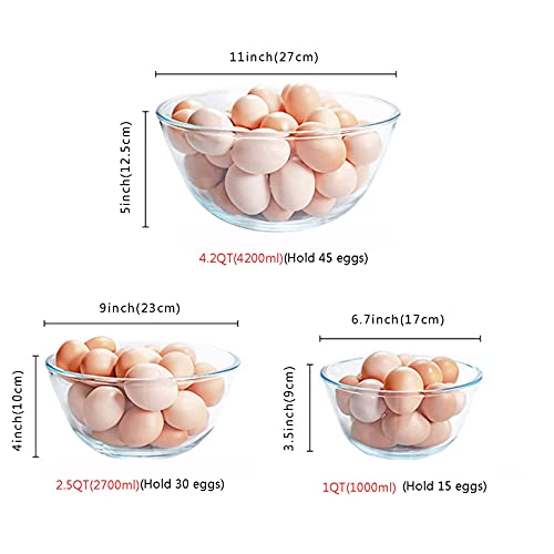 Homwin Glass Mixing Bowl Set of 3 for Kitchen, Baking, Prepping, Serving, Cooking 1.1QT, 2.5QT, 4.2QT Large Salad Bowl Set, High Brosilicate Bowl Set, Stackable, Non-toxic, Microwavable, Great Gift
