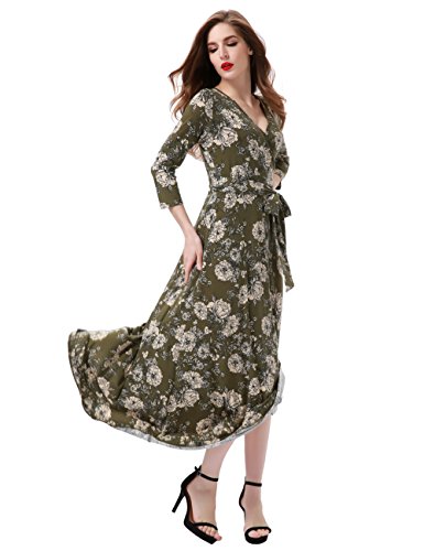 Aphratti Womens 3/4 Sleeve Faux Wrap Maxi Dress Floral Fit Flare V Neck Long Dresses Green Xxl #TOP4