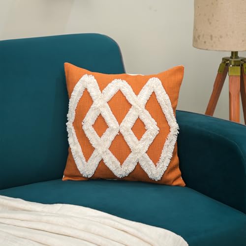 Image of Cotton Tufted Boho Cushion Cover | Embroidery Decorative Pillow for Home Decor | Hand Made Square Pillow Covers for Sofa, Chair and Bedroom (Set of 1, 18 * 18)