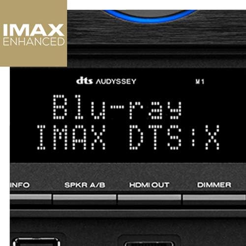 Close-up of the Marantz SR8012 display showing 'Blu-ray IMAX DTS:X'.