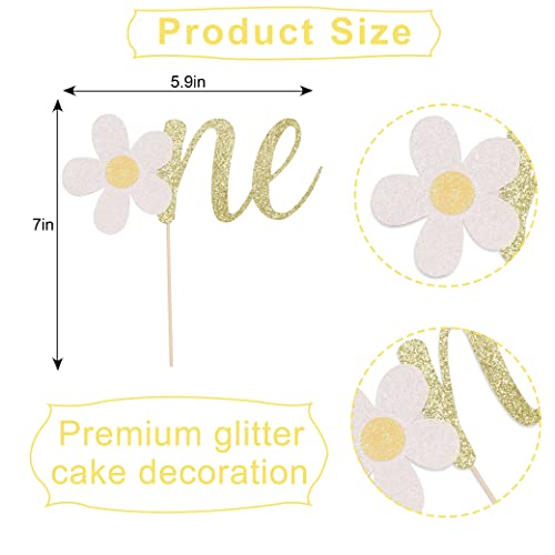 Yesswl One Cake Topper For 1St Birthday - Flower Gold Glitter One Sign First Birthday Decoration For Baby 1St Birthday Party, Baby Shower, Baby Gender Show Or Baby Photo Booth Props #TOP2