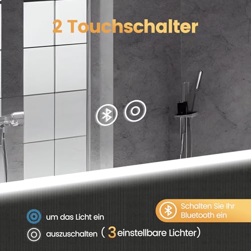 YOLEO Badspiegel mit Beleuchtung, LED Spiegel mit Bluetooth-Lautsprecher, Wandspiegel mit Steckdose, Badezimmerspiegel LED Beschlagfrei mit Touchschalter, 3 einstellbare Lichtfarbe, 100x60cm 6
