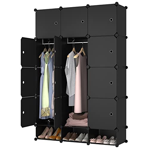 Lowander Kleiderschrank Stecksystem mit 3x5 Würfeln, Multifunktionsschrank 165x111 cm schwarz, Kunststoff-Garderobe mit Hängefläche/abschließbarer Raumteiler zur Aufbewahrung Cover