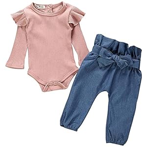 Juflam Neugeborenes Baby Mädchen Kleidung Rüschen Strampler + Schleife Denim Hosen Outfits Set