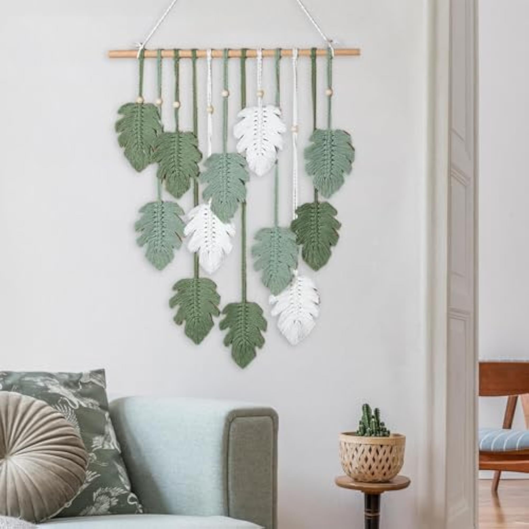 Leaves Macrame Wall Hanging Boho Leaf Tassels Green