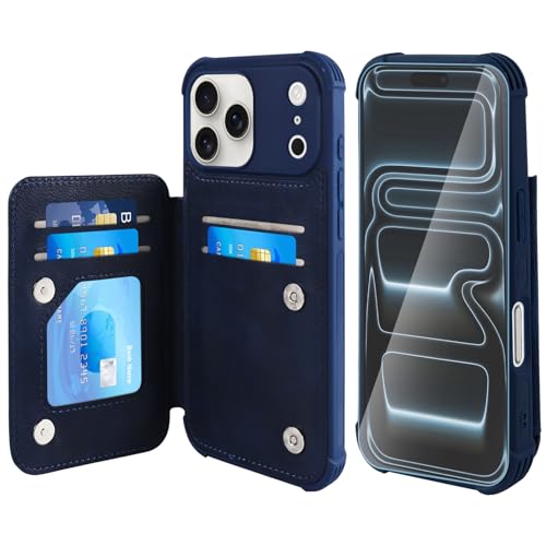 VANAVAGY Compatible for iPhone 17 Pro Wallet Case with RFID Blocking Card Holder [Screen Protector] PU Leather Kickstand Card Slots Magnetic Clasp Shockproof Case for Women Men Navy Blue