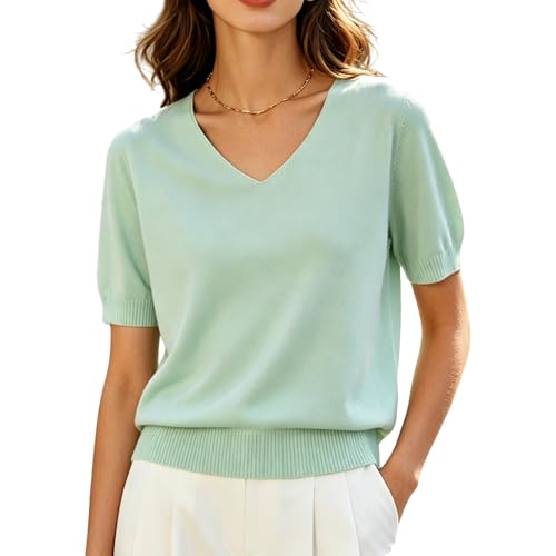 Image of DAIMIDY Women's Short Sleeve Sweater V Neck Summer Knit Tops | Business Casual Tops| Soft,Lightweight,Breathable and Comfortable| Perfect for Shopping,Date,Vacation,Daily Wear Etc.