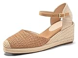 Coutgo Womens Platform Wedge Sandals Espadrilles Raffia Closed Toe Heels Ankle Buckle Strap Summer Beach Shoes, Brown, size 8