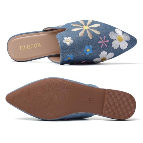 Image of Tilocow Women's Pointed Toe Flat Mules Backless Slip On Loafers