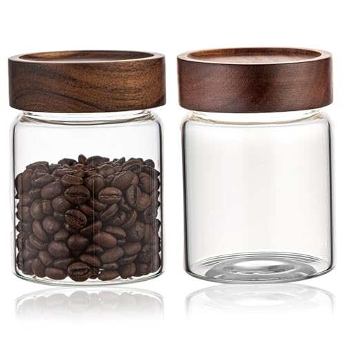 Nuiorfty 2 Pots de Conservation en Verre 350 ml avec Couvercle en Bois - Récipient pour Café Thé et Sucre