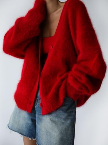 Image of Womens Fuzzy Sweaters Cardigan V-Neck Button Down Oversized Mohair Sweater Casual Y2k 2026 Fall Winter