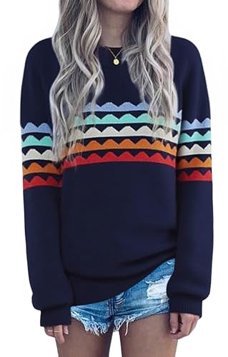 ECOWISH Women's Sweater Rainbow Colorful Striped Sweaters Long Sleeve Crew Neck Color Block Casual Pullover Blouse Tops