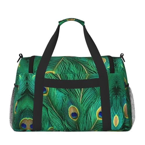 Green Peacock Feather Foldable Travel Duffel Bag Tote Carry On Luggage Bag For Weekend Getaways, For Spontaneous Trips2