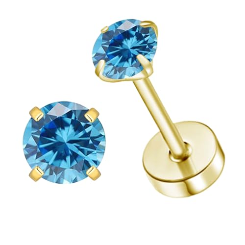 Natürliche Geburtsstein Ohrstecker für Frauen Teenager Mädchen, kleine 3mm CZ Gold Ohrstecker flach zurück Ohrringe, Schraube zurück winzige Ohrringe Ohrstecker (Gold, 3-Aquamarin)