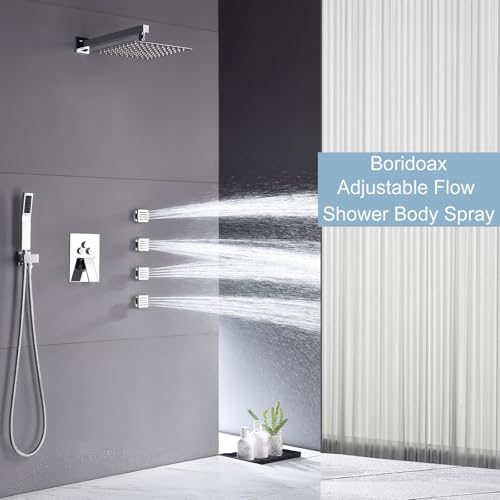 Boridoax Shower Body Spray Jets with On Off 4PCS Square Shower Body Jet Brass Head Spray Spa Massage Body Shower Side Wall Spray Jets-Flow Cotrol (Polished Chrome)