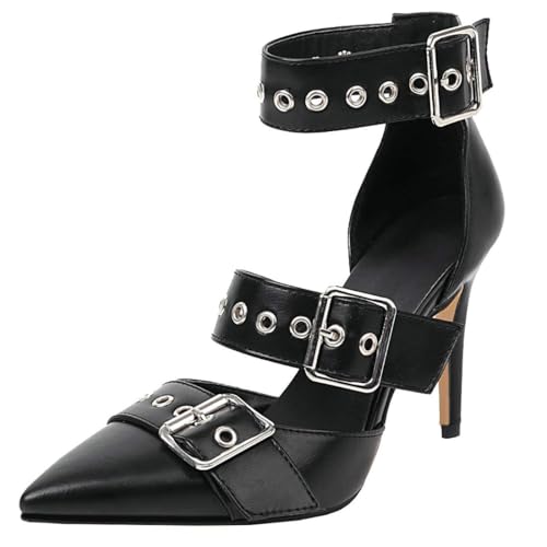 Women's Pointed Toe High Heel Pumps Stilettos Mary Jane Strappy Goth Buckle Shoes US 4, Black