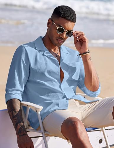 Image of DEELMO Mens Casual Button Down Shirt Summer Beach Shirts Long Sleeve Cuban Collared Tropical Textured Shirts