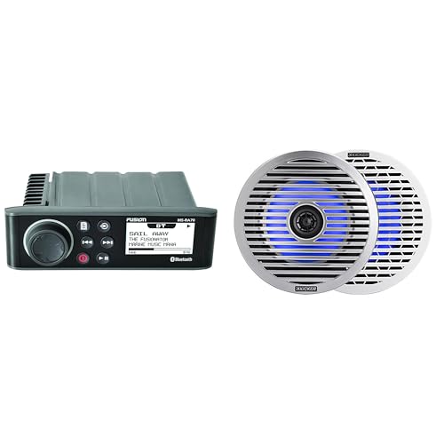Fusion Entertainment MS-RA70 Marine Entertainment System with Bluetooth w/ 51KM614FL 6.5-Inch (165mm) Thin-Mount Marine Coaxial Speakers with RGB LED, 4-Ohm, White & Silver Grilles Included