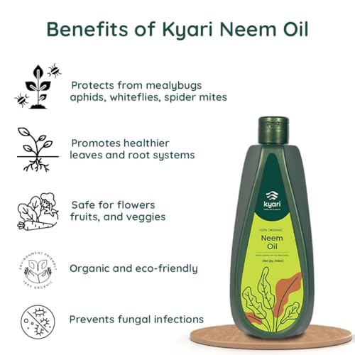 Image of Kyari Neem Oil for Plants 500 ml - Cold-Pressed Organic Neem Oil Spray Concentrate, Natural Pesticide for Plants - Plant Protection Spray for Insects & Mites - 100% Natural