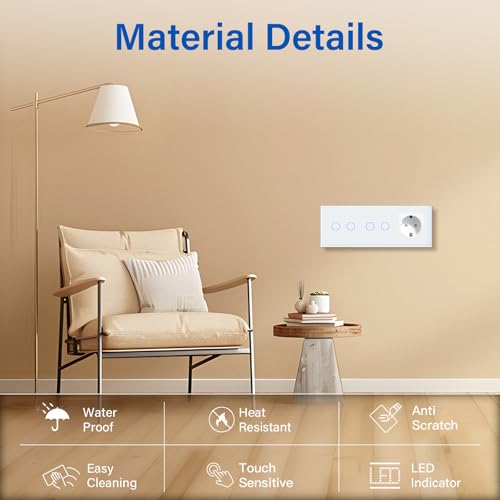 BSEED Touch Lichtschalter mit Steckdosen doppelte 2 Fach 1 Weg Wandschalter mit einer Steckdose Unterputz Touchscreen-schalter mit Glasrahmen 228mm Wei&szlig;
