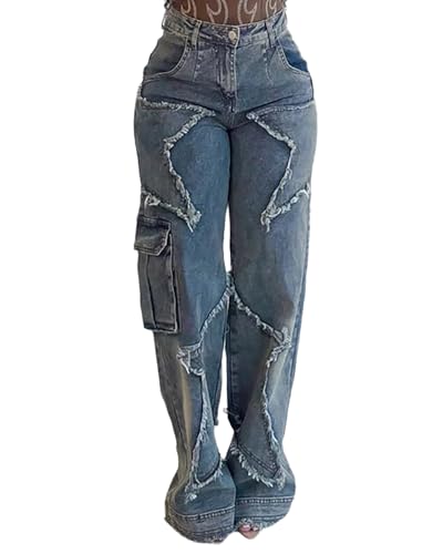 Women's Cargo Jeans Mid Rise Loose Fit Star Patchwork Raw Edge Straight Leg Denim Pants3