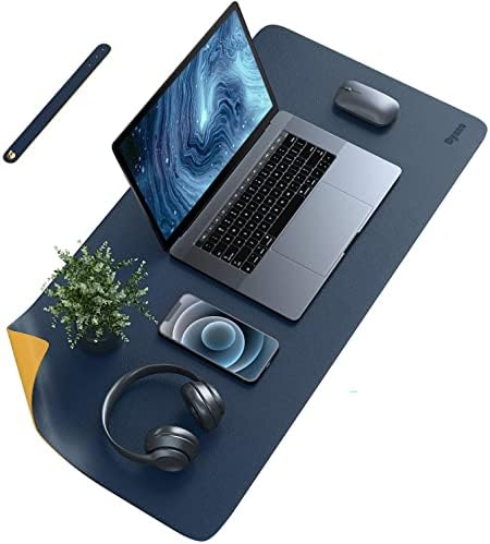 Dyazo Vegan PU Leather Mouse Pad, Extended Desk Mat for Work from Home/Office/Gaming, Reversible Anti-Slip, Design Water Resistant Desk Spread (35 Inch * 17.7 Inch Navy Blue and Yellow Ochre)