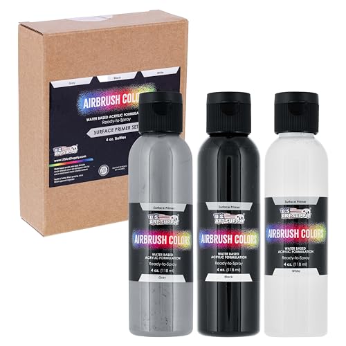 U.S Art Supply Black, White, Gray Surface Primer Airbrush Paint, 3 Color Set, 4 oz - Ready-To-Spray, Water-Based Acrylic Polyurethane - Artist Priming, Plastic, Metal, Canvas, Wood, Hobby Models Craft by U.S. Art Supply - Used condition - US$18.50